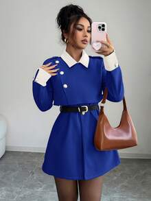 Elenzga 女士优雅奢华时尚厚外套，不含腰带 - 藍色 - 查看 4