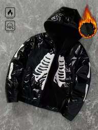 Manfinity EMRG Herr vinterjacka med fleecefoder och dödskallemönster, långärmad, termiskt fodrad och varma ytterkläder, trendig Y2K-streetwear, perfekt för Halloween, skolstart och vardag, idealisk present till pojkvän, goth-jacka med huva och dragkedja för gatukläder, halloween-vinterjacka med huva