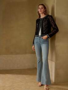 MOTF PREMIUM ELEGANTER 3D BLUMEN SPITZEN KONTRAST PAILLETTEN LEICHTER BLAZER