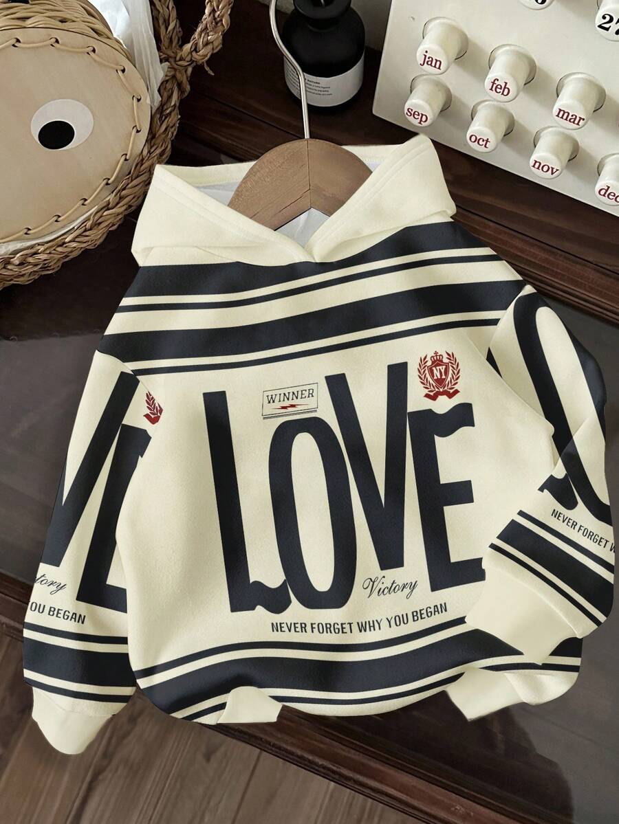 Slaydiva Sudadera con capucha estilo casual de calle con estampado de amor en gris oscuro, adecuada para salidas de otoño/invierno