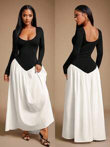 Radiana Women's Sexy Elegant Vintage Black & White Contrast Splice Deep U-Neck Long Sleeve Backless Maxi Dress, Suitable For Casual Outing, Date, Garden Party, Gathering, Birthday, Party, Bridesmaid, Cocktail, Vacation, Holiday Long Sleeve Maxi Dress Women Long Casual Dress - Black and White - View 8