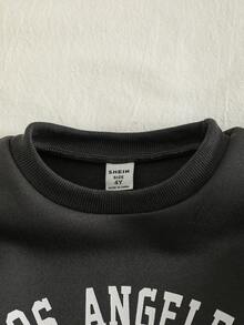 2 件套年轻女士休闲日常通勤百搭英文字母印花长袖圆领厚运动衫和裤子套装，适合秋冬 - 灰色 - 查看 6