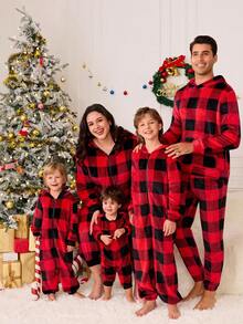 SHEIN Kids Tween Boy Double-Faced Fleece Hooded Half-Open Full-Body Printed Long-Sleeved Pants Home Clothes Christmas, Christmas, Party, New Year - Red and White - View 1