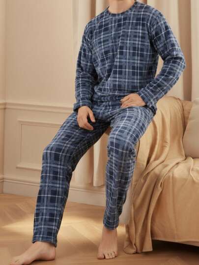 Conjunto pijama para hombre pantalón y playera manga larga diseño cuadros azul