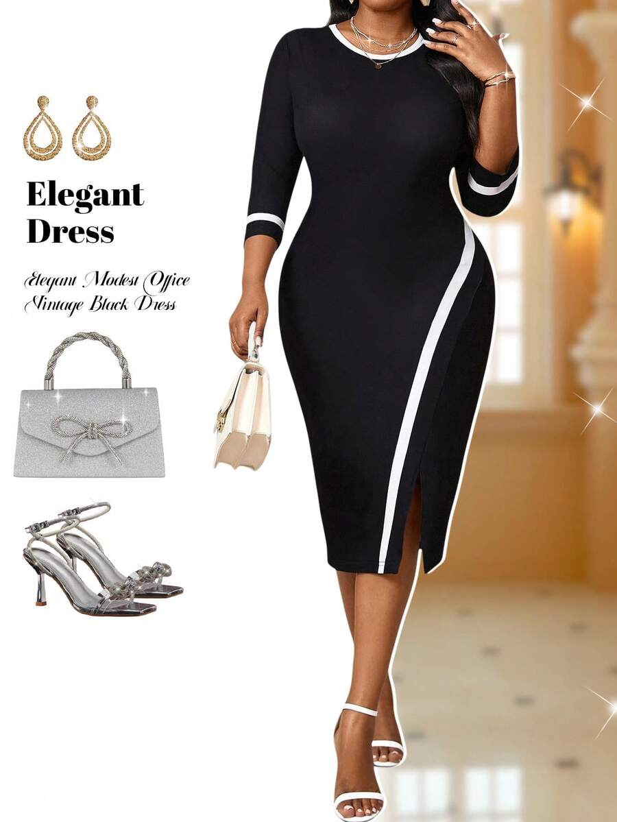 SHEIN Lady Autumn And Winter Elegant Modest Office Vintage Black And White Contrast Piping Dress Bodycon Dress Fall Dresses For Women Winter Dress Chic Dress Elegant Elegant Retro Work Wedding Reception Valentine's Day New Year's Party Knitted Depp V Neck Rhinestone Ruffle New Arrival Slim Dress Plus Size Dress Formal Prom Dress Plus Size Dress,Holiday Outfits For Women Black Dress Black Skirt Midi Dress Bodycon Midi Dress Elegant Midi Dress Elegant Woman Clothing Elegant Dress - Black and White - View 1