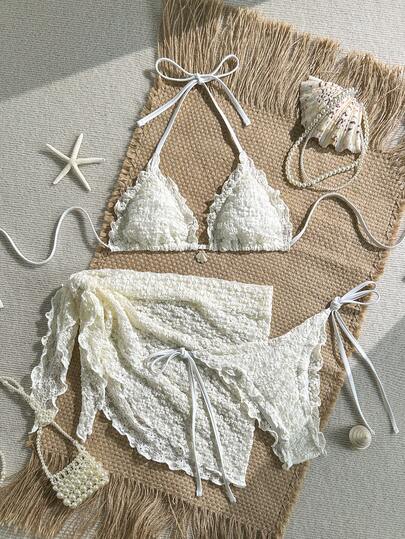 Swim Mod Conjunto de traje de baño sexy de 3 piezas con parte superior de bikini de triángulo con volantes y decoración de perlas y conchas, Bottom con lazos laterales y minifalda, para primavera/verano