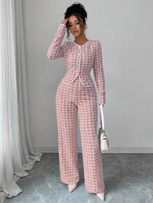 Elenzga 2pcs/Set Korean Style Argyle Jacquard Splice Elegant Casual Versatile Round Neck Long Sleeve T-Shirt + Straight Leg Pants, Back To School Season, Spring/Autumn - Burgundy - View 3
