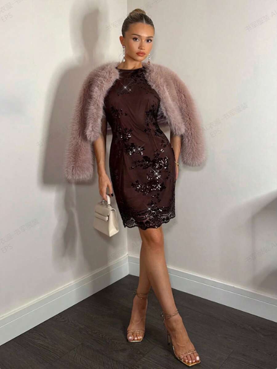 Glamine Charm 女士优雅派对夏装，无袖，紧身，拉链开合，亮片装饰，适合节日派对服装 - 棕色 - 查看 1