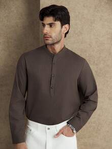 Core Aspect Men's Solid Color Front Button Casual Long Sleeve Shirt, Autumn/Winter Blouses For Men Dark Brown Shirt Mandarin Collar Men - Brown - View 6