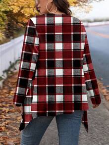 SHEIN LUNE Chaqueta casual con abertura frontal a cuadros para mujer de talla grande, otoño - Rojo - Ver 2