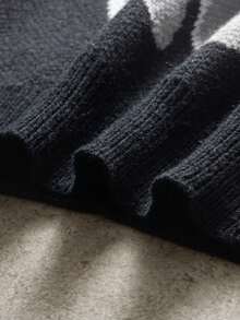 Manfinity EMRG 男士休闲字母图案针织衫，秋冬季圆领印花毛衣，返校季，复古风，长袖上衣 - 黑色 - 查看 7