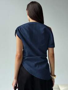 Aloruh New Stylish Versatile Gray One-Shoulder Ruched Decor Fitted Short Sleeve Blouse - Navy Blue - View 2