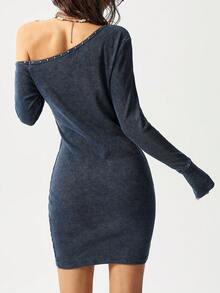 Bohemela Casual Solid Color Knit Asymmetric Collar Long Sleeve Fitted Washed Mini Dress For Women - Dark Grey - View 7