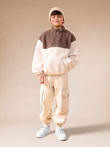 SUMWON 男童夏尔巴半拉链套头夹克，配色块设计，适合秋冬穿着 - 咖啡棕 - 查看 4