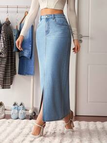 SHEIN Tall Damen Lässiger Straßen-Stil Schlitz Lange Denim Rock