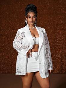 SHEIN CURVE+ Blazer de manga larga con encaje calado y talla grande en blanco - Blanco - Ver 4