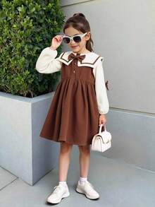 SHEIN Elladie kids Young Girl And Young Girl Long Sleeve Bow-Tie Waist Casual A-Line Dress For Fall & Winter, Suitable For Everyday Wear, Casual Occasions, And Can Be Paired With Various Coats, Jackets - Brown - View 2
