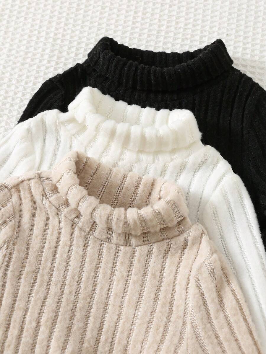 Cozy Pixies 3pcs/Set Baby Boys Solid Color Thermal Lined Thick Elastic Knit Soft Mock Neck Long Sleeve Pullover Tops, Suitable For Winter