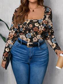 EMERY ROSE Vintage Floral Print Casual Minimalist Plus Size Square Neck T-Shirt, Suitable For ,Flower/Spring/Summer/Vacation Fall - Multicolor - View 5