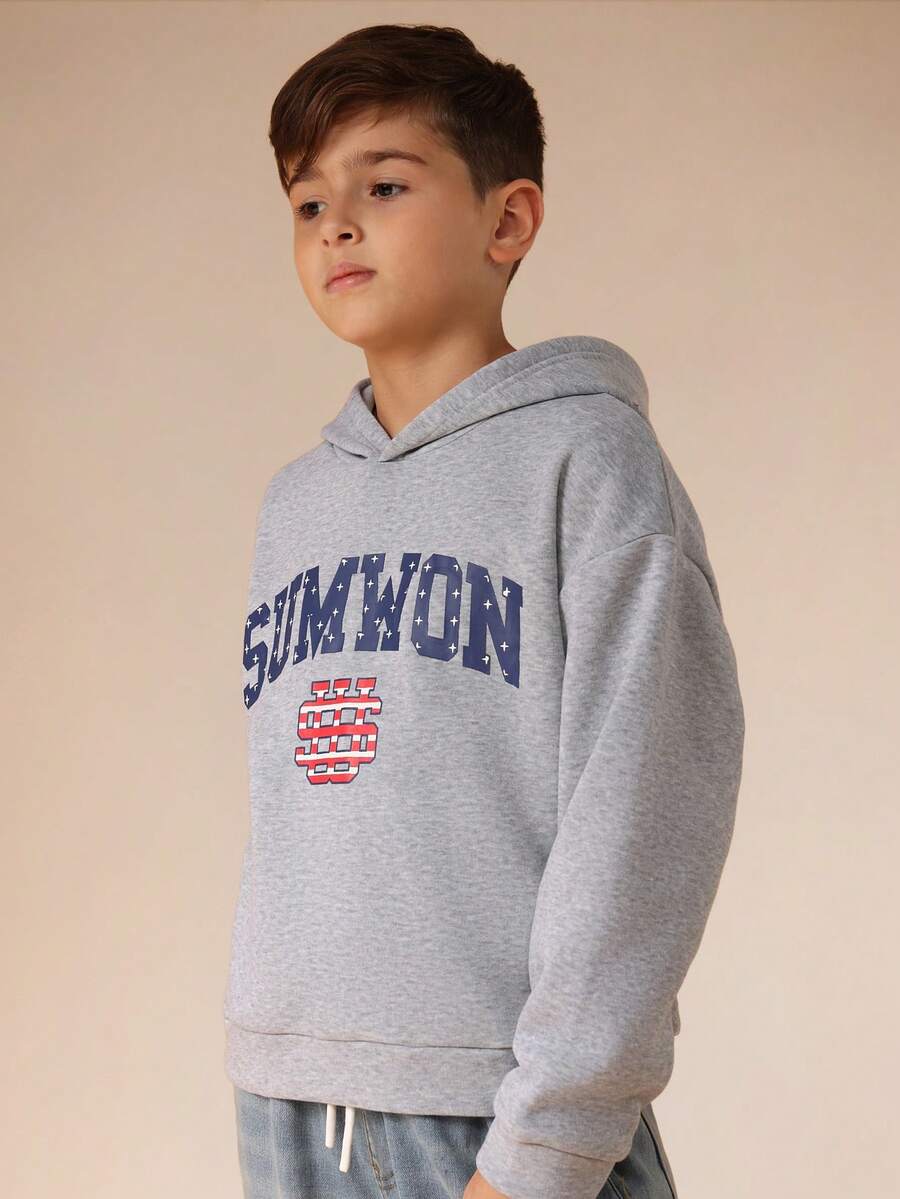 SUMWON 胸前印有徽标的套头连帽衫,适合休闲穿着 - 灰色 - 查看 1