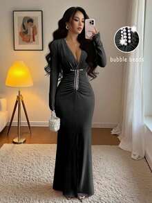 Rafferiza Váy dự tiệc cưới mùa thu đính cườm hồng thanh lịch, nhún bèo eo, đầm dự tiệc duyên dáng - màu đen - Xem 3