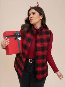 Comfylo Plus Size Women's Christmas Red & Black Plaid Padded Zip Up Vest Christmas Festival Christmas Vest Women Red Plaid Vest Buffalo Plaid Vest Quilted Vest Women Plaid Vest Women Flannel Vest For Women Christmas Outfit Women Women  Red  Plaid Vest/ Winter Warm Plaid Coat  New Year  Thanksgiving