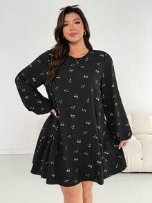 Shapeblank 大码花卉刺绣圆领长袖连衣裙 - 黑色 - 查看 4