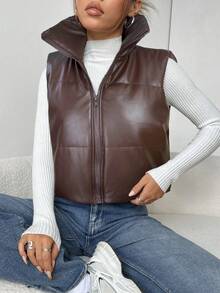 SHEIN EZwear 女式棕色无袖短款 PU 皮革夹棉大衣 - 巧克力棕 - 查看 5