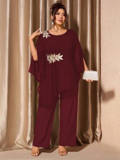 Cravure Plus Size Women 2 Pieces Set - Lace Trim Asymmetrical Hem Top And Loose Wide Leg Pants, Elegant Solid Color Lady Elegant Graceful Party Outfit