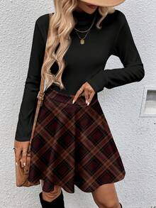 SHEIN LUNE Bộ 2 áo thun cổ lọ tay dài màu đen + chân váy midi kẻ caro dáng chữ A, trang phục thường ngày thời trang, thu/đông - Nhiều màu - Xem 6