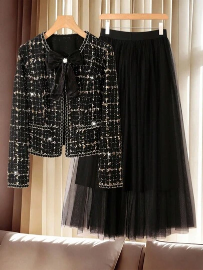 Franclia Plus Size Elegant Bowknot Long Sleeve Top And Skirt 2 Piece Set, Autumn/Winter Formal Black Skirt Set Skirt Suit Skirts Sets Tweed Blazer Skirt Set Dress Sets Plaid