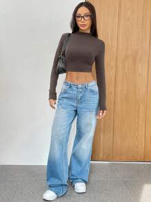 SHEIN EZwear 女士休闲立领长袖短款修身T恤，咖啡棕色，秋冬 - 咖啡棕 - 查看 8