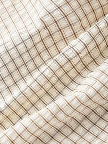 SHEIN MOD 女士复古格子翻领长袖商务衬衫，适合商务休闲场合，90年代风格，秋季百搭，适合工作、办公室、学院风等各种场合。 - 卡其色 - 查看 5