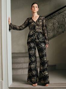 Anewsta Elegant Lace Embroidered Textured Slim Fit Flare Pants, Autumn/Winter - Black - View 3