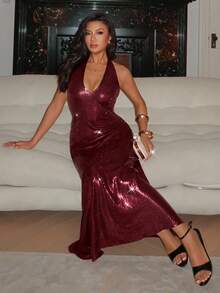 Chiquease Women's Fashionable Extra Long Sequin Halter Deep V Sexy Party Dress Shiny Dress Wine Dress Sequin Dress Sexy Date Night Dress Night Club Dress - Burgundy - View 5