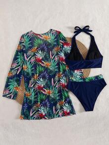 SHEIN Swim 熱帶印花露背比基尼套裝，附上和服，夏季海灘必備 - 彩色 - 查看 6