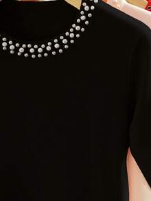 INAWLY Elegant Commuter Pearl Decor Solid Color Long Sleeve T-Shirt, Autumn - Green - View 1