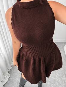 Elenzga Váy len không tay dáng rộng thời trang thu đông cho nữ cỡ lớn, viền bèo nhún, váy len màu trơn - Cà phê nâu - Xem 6