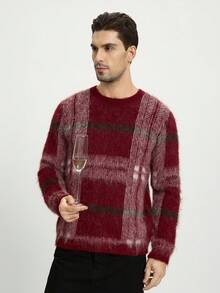 Marvello Homme Men Red Plaid Christmas Sweater,Autumn 1920s Family Matching Stylish Jacquard Plaid Contrast Color Pullover Long Sleeve Cashmere Knit Wear Jumper - Multicolor - View 3
