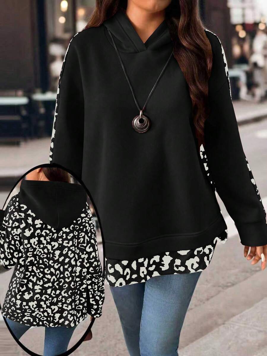 EMERY ROSE Plus Size Women Leopard Print Patchwork Long Sleeve Fleece Sweatshirt, Casual & Stylish Outerwear - Black - View 1