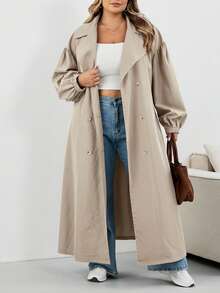 SHEIN CURVE+ Plus Size Women's Black Long Windbreaker, Black Long Sleeve Minimalist Casual Everyday Jacket Plus Size Trench Coat 8xl Women Coat Curve Trench Coat Plus Size Fall Coat,Fall Clothes For Womenfall Clothes For Women,Winter,CURVE PLUS - Khaki - View 3