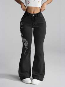 SHEIN PETITE Women's Floral Pattern Flared Jeans - Black - View 5
