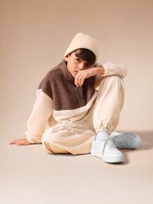 SUMWON 男童夏尔巴半拉链套头夹克，配色块设计，适合秋冬穿着 - 咖啡棕 - 查看 2