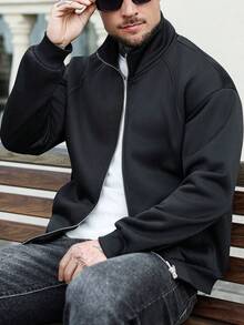 Manfinity CasualCool Men's Casual Everyday Wear, Outdoor, Patchwork Design, Stand Collar Double Zipper Sweatshirt , Best Gift For Boyfriend/Husband,Daily Leisure, Weekend Trips, Outdoor Activities, Travel Expeditions, Relaxed Work Environments Or Semi-Formal Occasions Christmas, Long Sleeve Top - Black - View 6