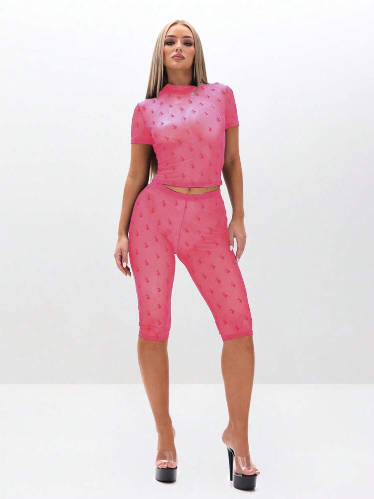 BABYPHAT Flocked Star Mesh Capri Leggings High Waisted Semi Sheer Festival Party Club Cropped Pants
