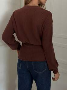 Elyressa Women's French Terry Patchwork Metal Button Decor Polo Collar Long Sleeve T-Shirt, Elegant For Commuting In Winter - Coffee Brown - View 2