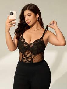 Auralis 黑色性感蕾丝撞色网纱透视连体衣/优雅派对情人节紧身胸衣连体衣/紧身蕾丝拼接胸罩V领透视网纱性感大码连体衣/演唱会/演出服/约会/高端宴会/舞蹈/婚礼季/情人节/派对/性感/优雅浪漫/办公室女神/魅惑风/生日派对穿着连体衣大码性感服装黑色蕾丝连体衣蕾丝连体衣大码连体衣 - 黑色 - 查看 6