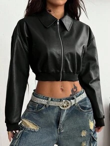 Coolane Women's Winter Clothes Streetwear Going Out Date Night Office Wear Vintage Black Leather Short Jacket Coat Cropped Leather Jacket,Fall,Fall Clothes For Women