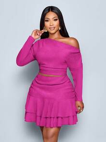 SOLERSUN Blusa de manga larga y falda plisada de dos piezas para mujer talla grande, de unicolor, elegante para fiestas y uso diario. Cuello asimétrico de punto, dobladillo con doble volante. Adecuado para ir al trabajo, fiestas versátiles, festivales de música y otras ocasiones. Ropa de otoño para mujer.