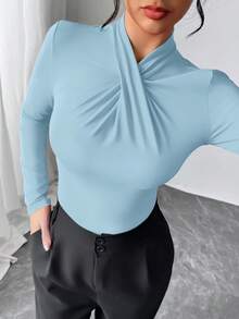 Firerie 优雅、现代、性感的红色荷叶边领子紧身衣，适合休闲、居家和社交场合，秋冬穿着 - 淺藍色 - 查看 8